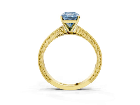 Yellow gold Fancy Blue Radiant Cut Solitaire Milgrain Engraved Band with Four-Prong Setting_3