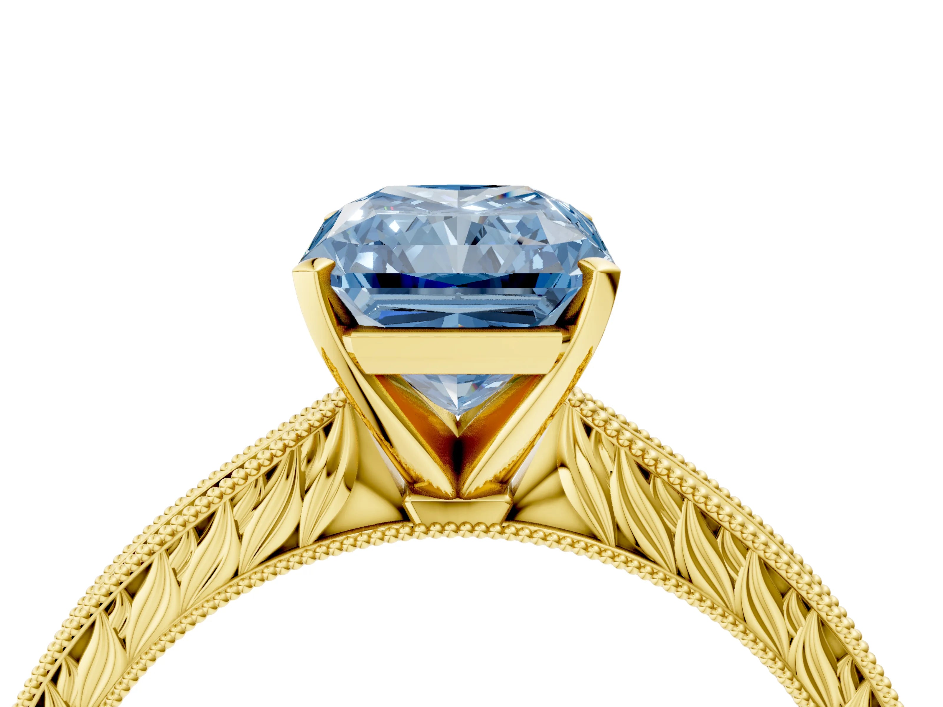 Yellow gold Fancy Blue Radiant Cut Solitaire Milgrain Engraved Band with Four-Prong Setting_4
