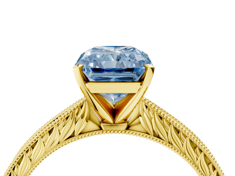 Yellow gold Fancy Blue Radiant Cut Solitaire Milgrain Engraved Band with Four-Prong Setting_4