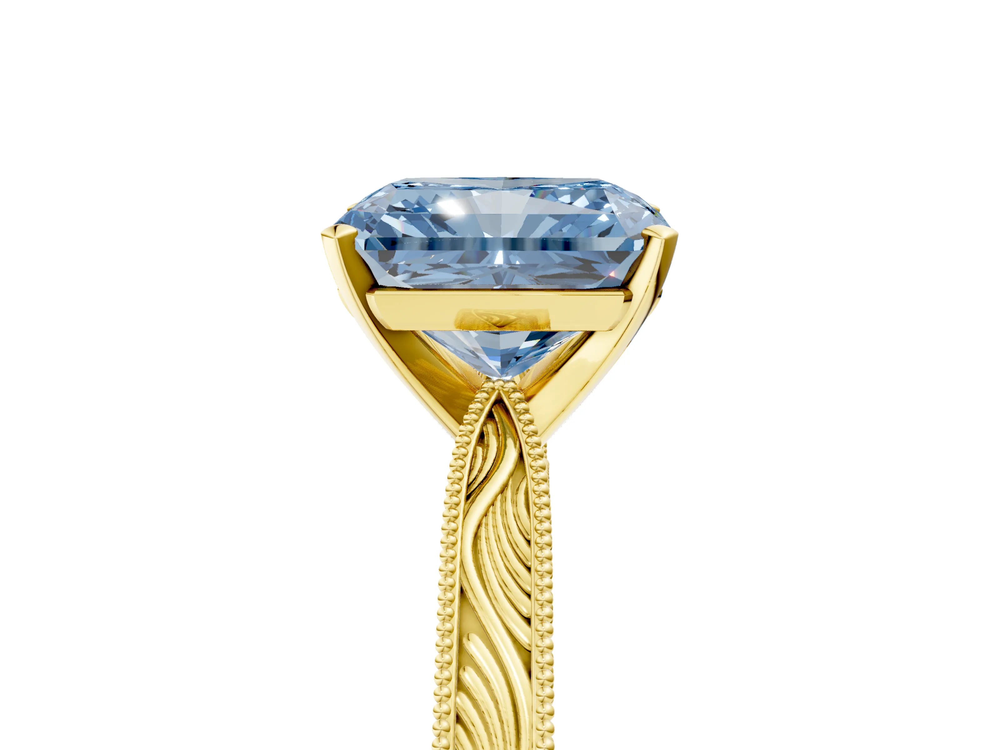 Yellow gold Fancy Blue Radiant Cut Solitaire Milgrain Engraved Band with Four-Prong Setting_5