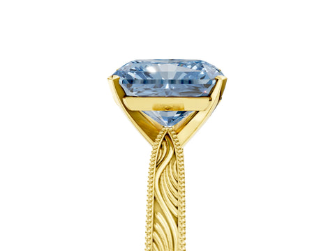 Yellow gold Fancy Blue Radiant Cut Solitaire Milgrain Engraved Band with Four-Prong Setting_5