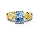 Yellow gold Fancy Blue Radiant Cut Solitaire Milgrain Leaf Band with Prong Setting