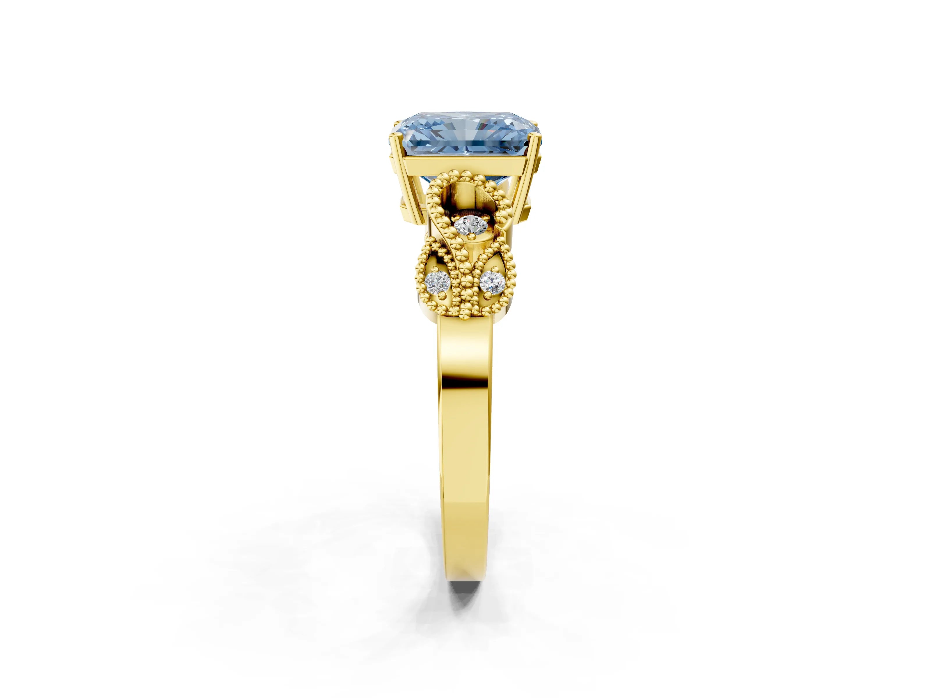 Yellow gold Fancy Blue Radiant Cut Solitaire Milgrain Leaf Band with Prong Setting_2