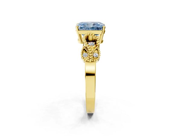Yellow gold Fancy Blue Radiant Cut Solitaire Milgrain Leaf Band with Prong Setting