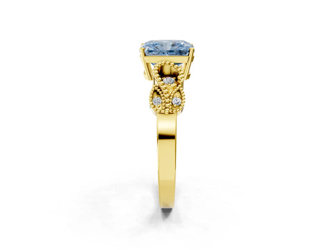 Yellow gold Fancy Blue Radiant Cut Solitaire Milgrain Leaf Band with Prong Setting_2