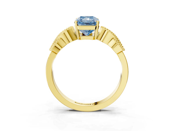Yellow gold Fancy Blue Radiant Cut Solitaire Milgrain Leaf Band with Prong Setting