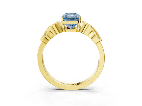 Yellow gold Fancy Blue Radiant Cut Solitaire Milgrain Leaf Band with Prong Setting_3