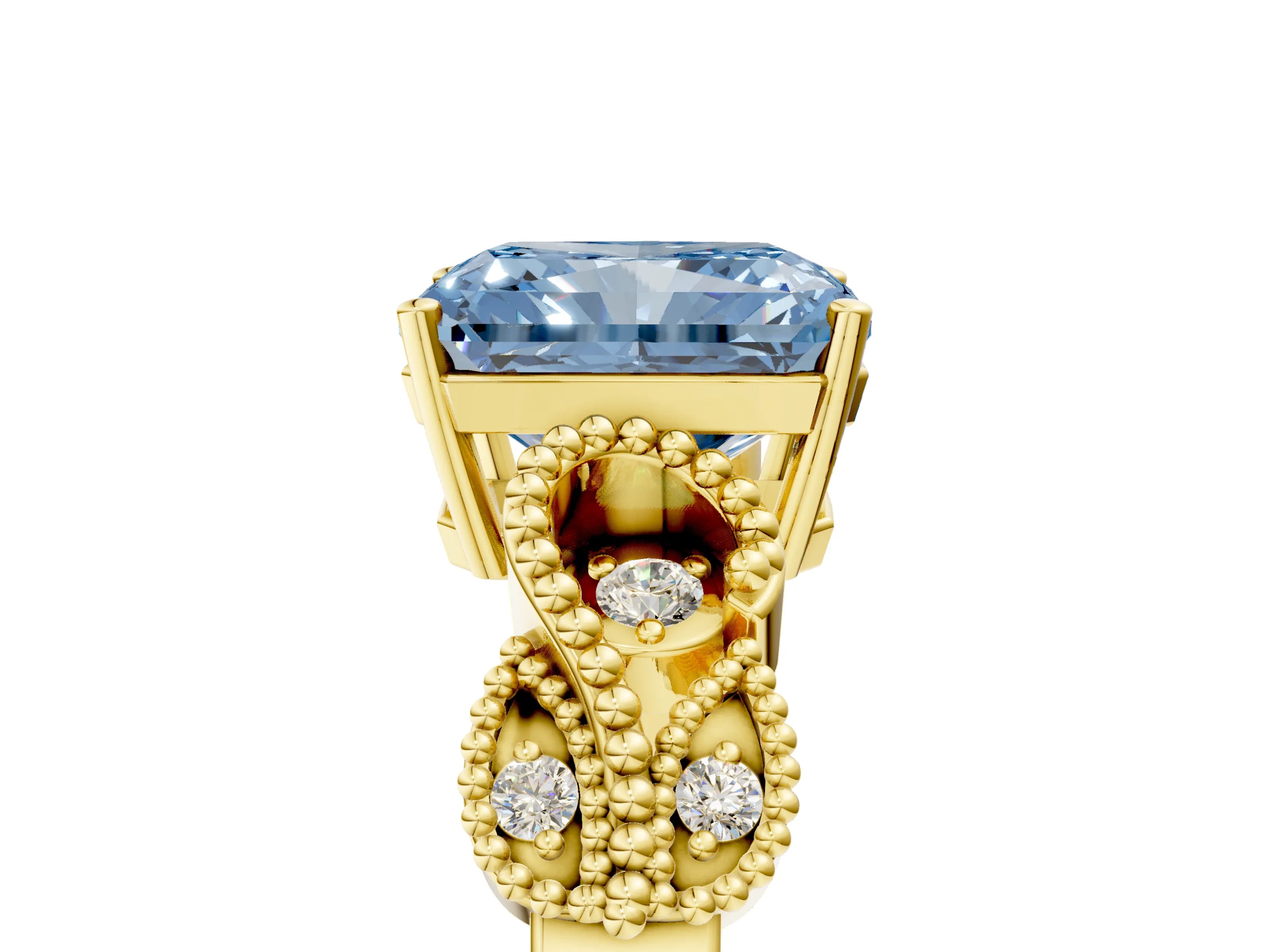 Yellow gold Fancy Blue Radiant Cut Solitaire Milgrain Leaf Band with Prong Setting_5