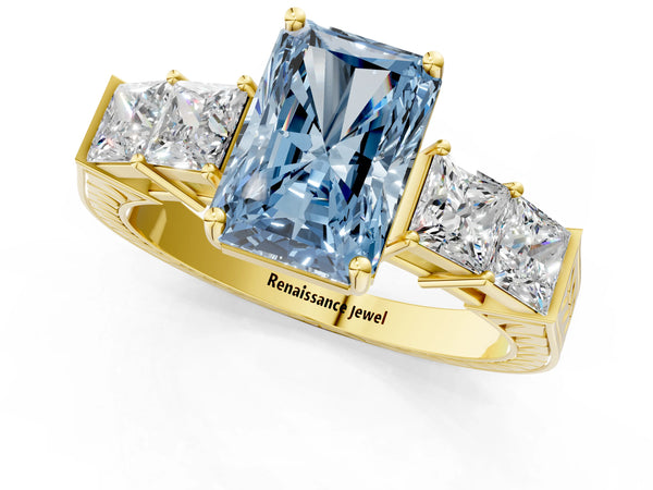 Yellow gold Fancy Blue Radiant Cut Solitaire Princess Side Stone Engraved Band Prong Setting Ring