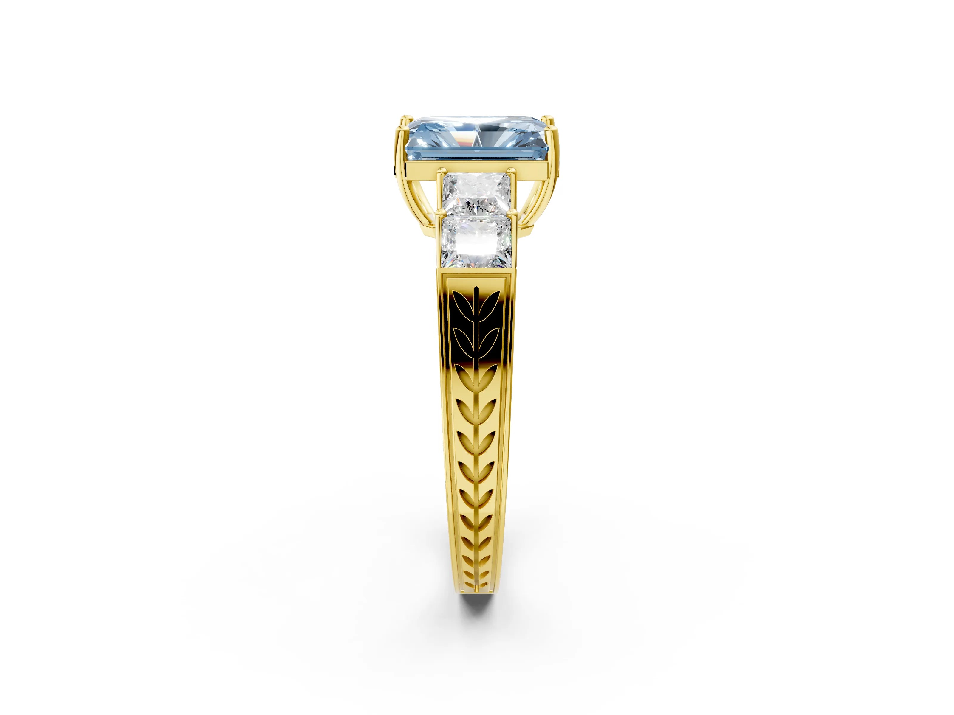 Yellow gold Fancy Blue Radiant Cut Solitaire Princess Side Stone Engraved Band Prong Setting Ring_2