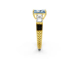 Yellow gold Fancy Blue Radiant Cut Solitaire Princess Side Stone Engraved Band Prong Setting Ring_2