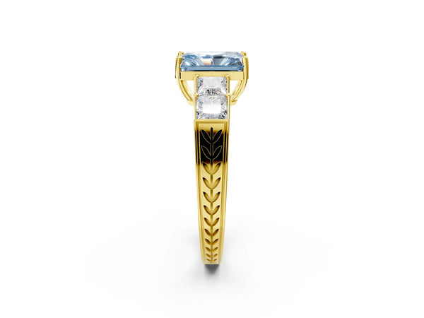Yellow gold Fancy Blue Radiant Cut Solitaire Princess Side Stone Engraved Band Prong Setting Ring