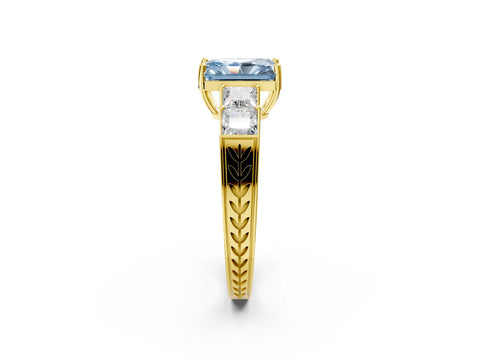 Yellow gold Fancy Blue Radiant Cut Solitaire Princess Side Stone Engraved Band Prong Setting Ring_2