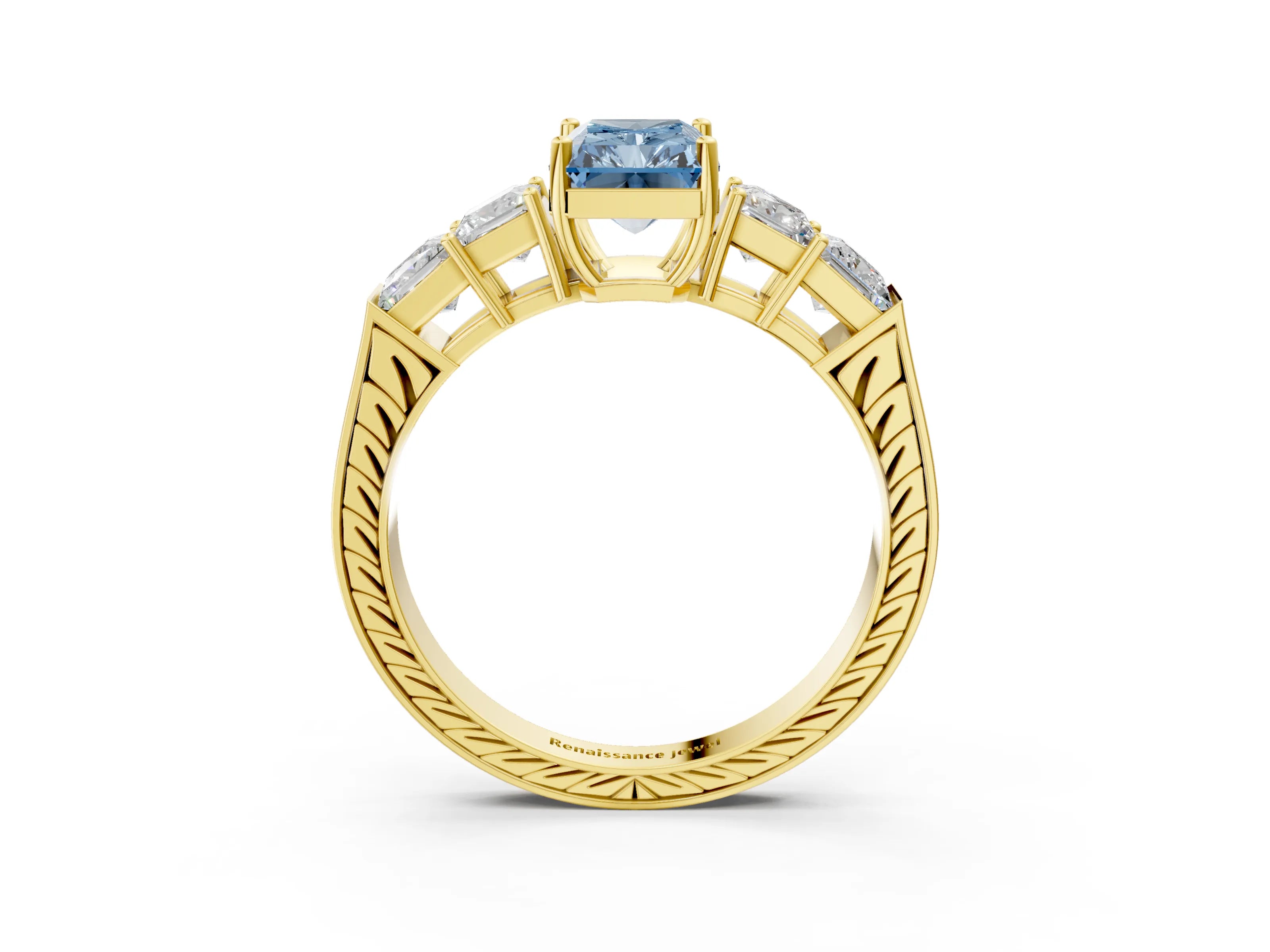 Yellow gold Fancy Blue Radiant Cut Solitaire Princess Side Stone Engraved Band Prong Setting Ring_3