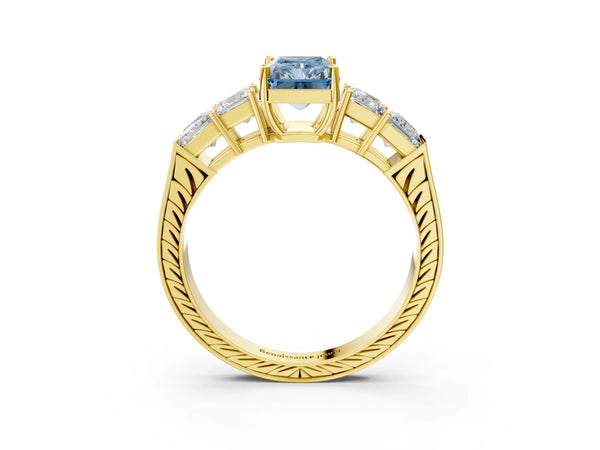 Yellow gold Fancy Blue Radiant Cut Solitaire Princess Side Stone Engraved Band Prong Setting Ring