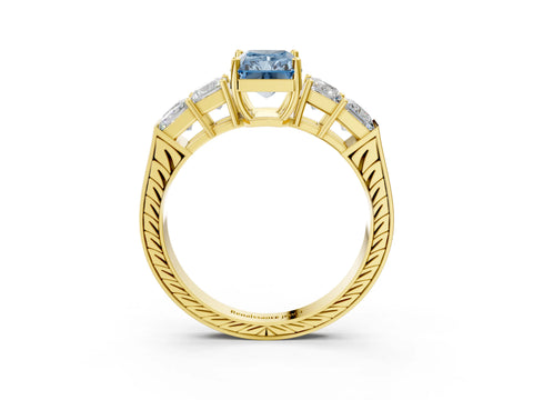 Yellow gold Fancy Blue Radiant Cut Solitaire Princess Side Stone Engraved Band Prong Setting Ring_3