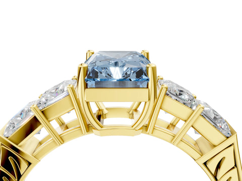 Yellow gold Fancy Blue Radiant Cut Solitaire Princess Side Stone Engraved Band Prong Setting Ring_4