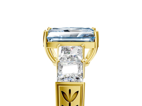 Yellow gold Fancy Blue Radiant Cut Solitaire Princess Side Stone Engraved Band Prong Setting Ring_5