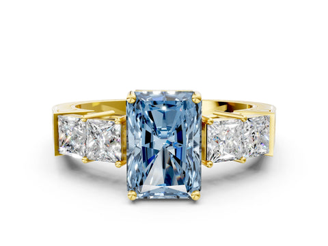 Yellow gold Fancy Blue Radiant Cut Solitaire Princess Side Stone Engraved Band Prong Setting Ring