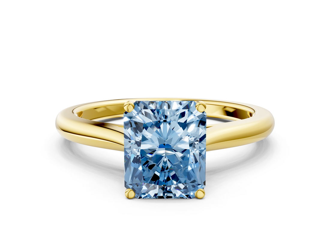 Yellow gold Fancy Blue Radiant  Cut Solitaire Ring with Cathedral Band and Four-Prong Setting_38