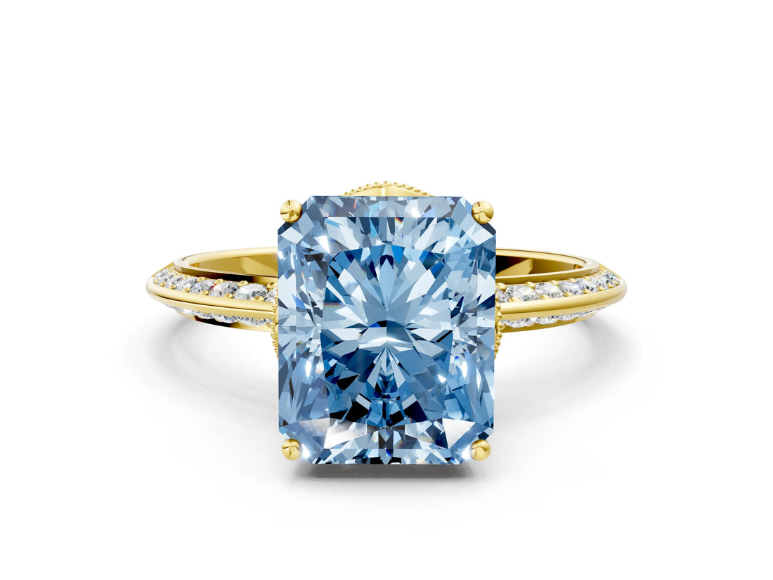 Yellow gold Fancy Blue Radiant Cut Solitaire Split Shank Pave Diamond Engagement Ring with Four-Prong Setting_24