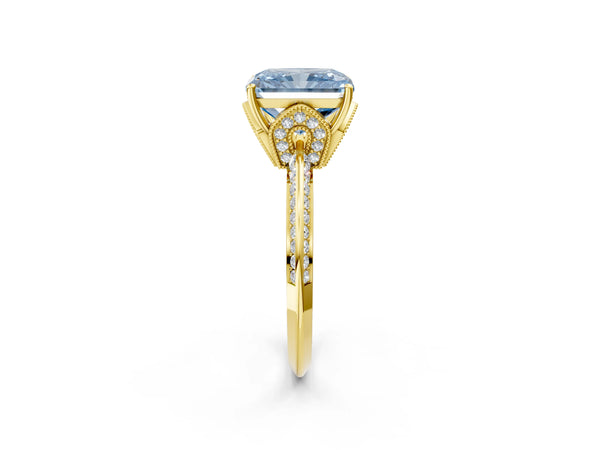 Yellow Gold Radiant Cut Graduated Pave Engagement Ring Setting for Fancy Blue Center