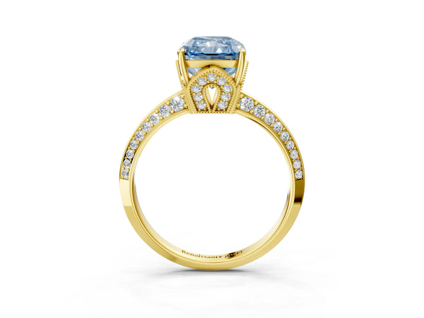 Yellow Gold Radiant Cut Graduated Pave Engagement Ring Setting for Fancy Blue Center