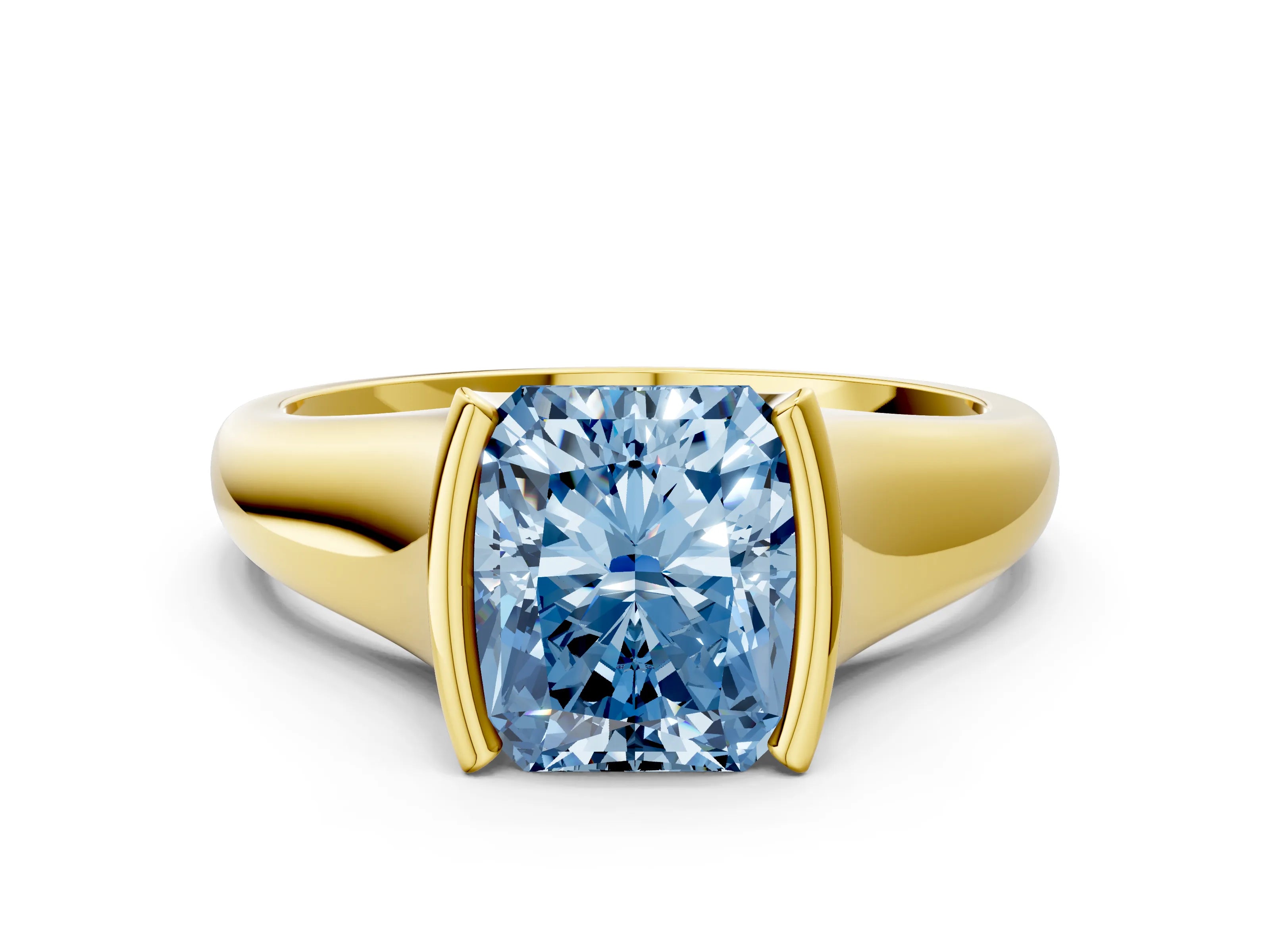 Yellow gold Fancy Blue Radiant Cut Solitaire Tension Set Diamond Ring with Split Shank Band