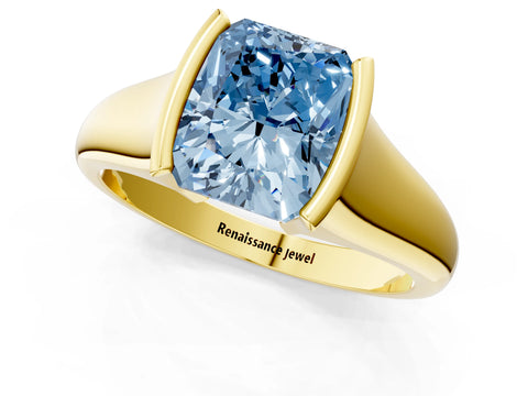Yellow gold Fancy Blue Radiant Cut Solitaire Tension Set Diamond Ring with Split Shank Band_1