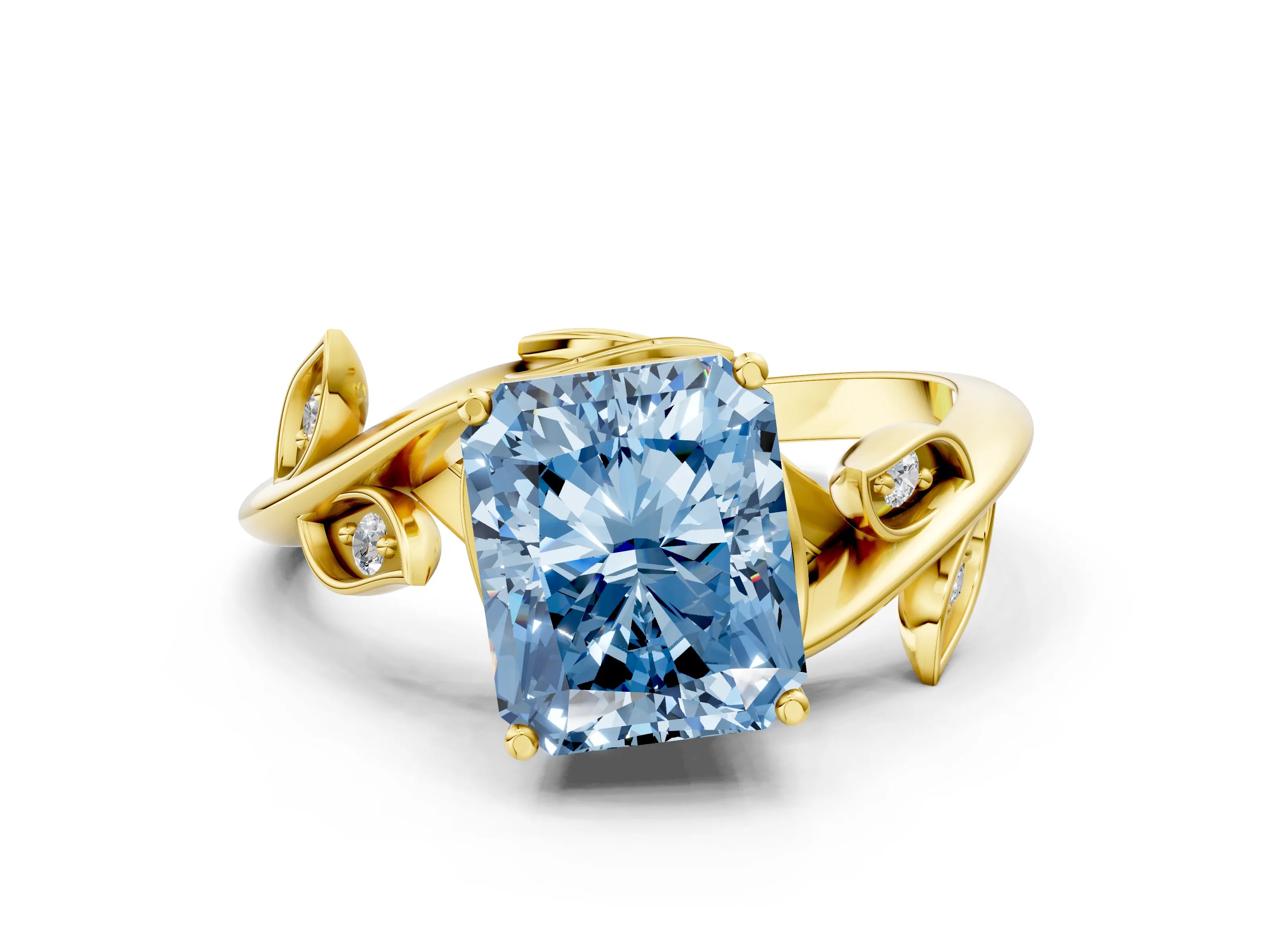 Yellow gold Fancy Blue Radiant Cut Solitaire Twist Engagement Ring with Leaf Accents and Prong Setting_13
