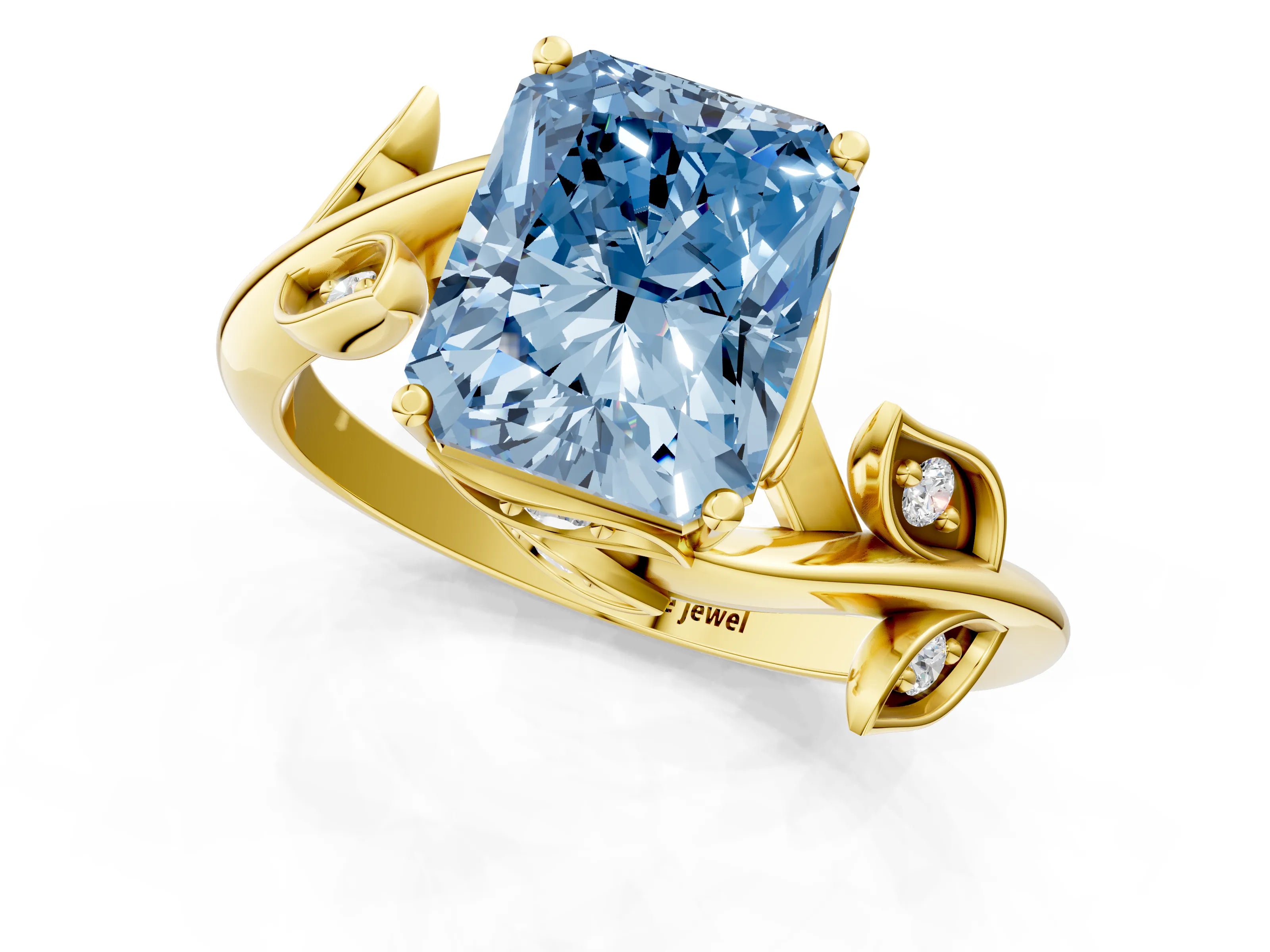 Yellow gold Fancy Blue Radiant Cut Solitaire Twist Engagement Ring with Leaf Accents and Prong Setting_14