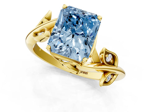 Yellow gold Fancy Blue Radiant Cut Solitaire Twist Engagement Ring with Leaf Accents and Prong Setting_14
