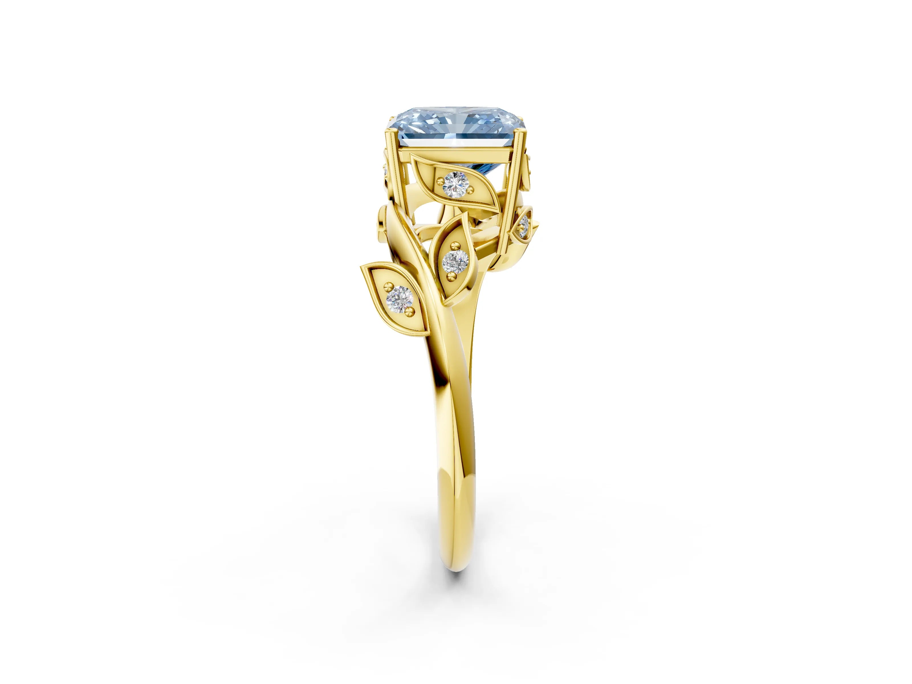 Yellow gold Fancy Blue Radiant Cut Solitaire Twist Engagement Ring with Leaf Accents and Prong Setting_15