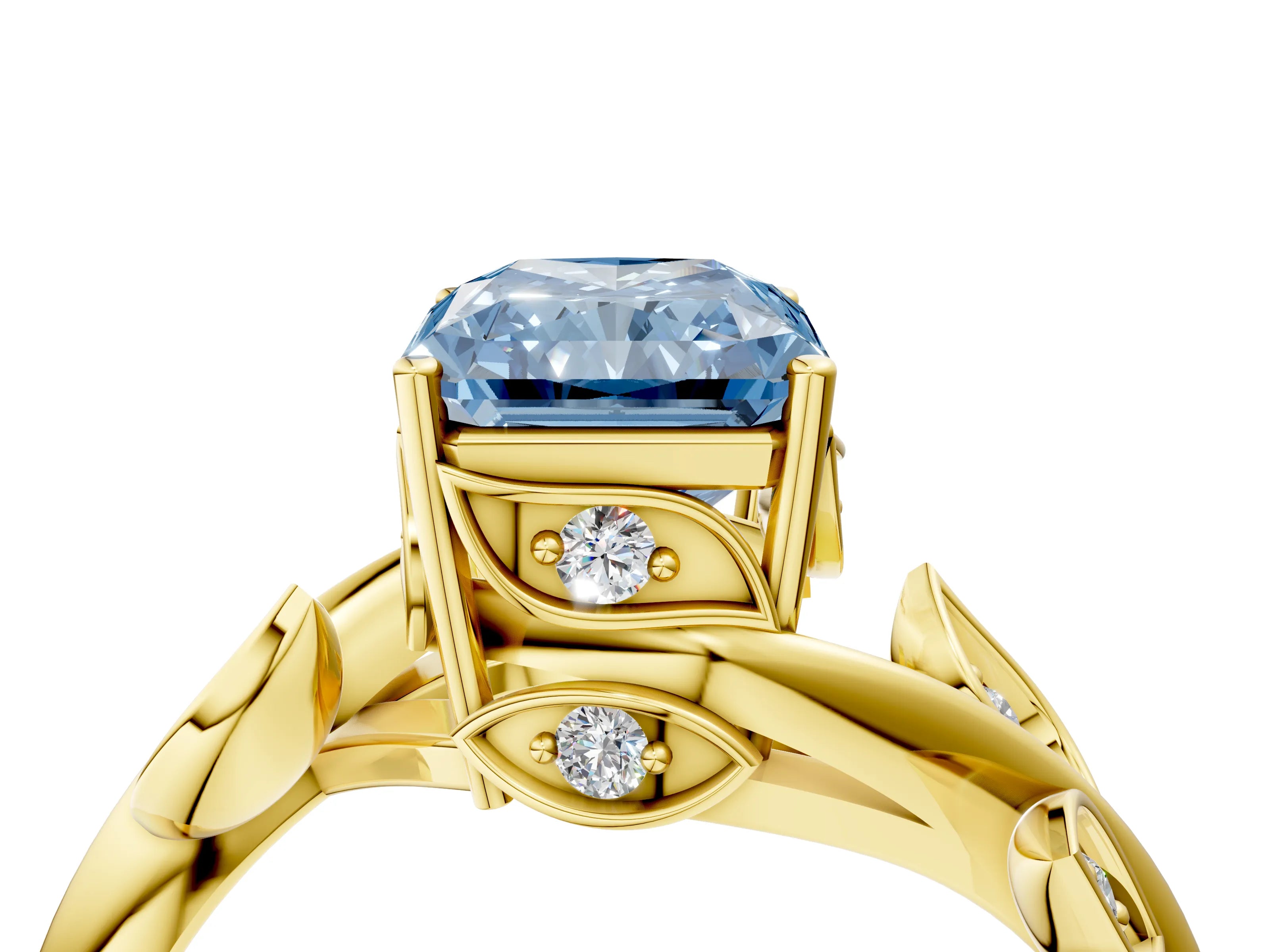 Yellow gold Fancy Blue Radiant Cut Solitaire Twist Engagement Ring with Leaf Accents and Prong Setting_17