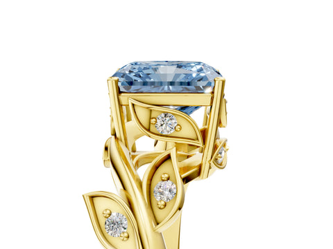 Yellow gold Fancy Blue Radiant Cut Solitaire Twist Engagement Ring with Leaf Accents and Prong Setting_18