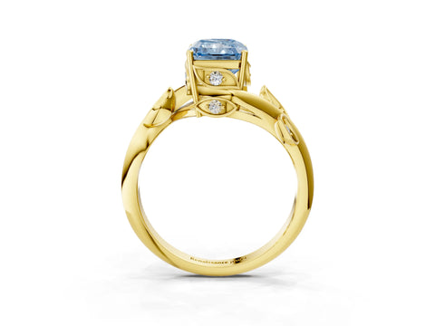 Yellow gold Fancy Blue Radiant Cut Solitaire Twist Engagement Ring with Leaf Accents and Prong Setting_3