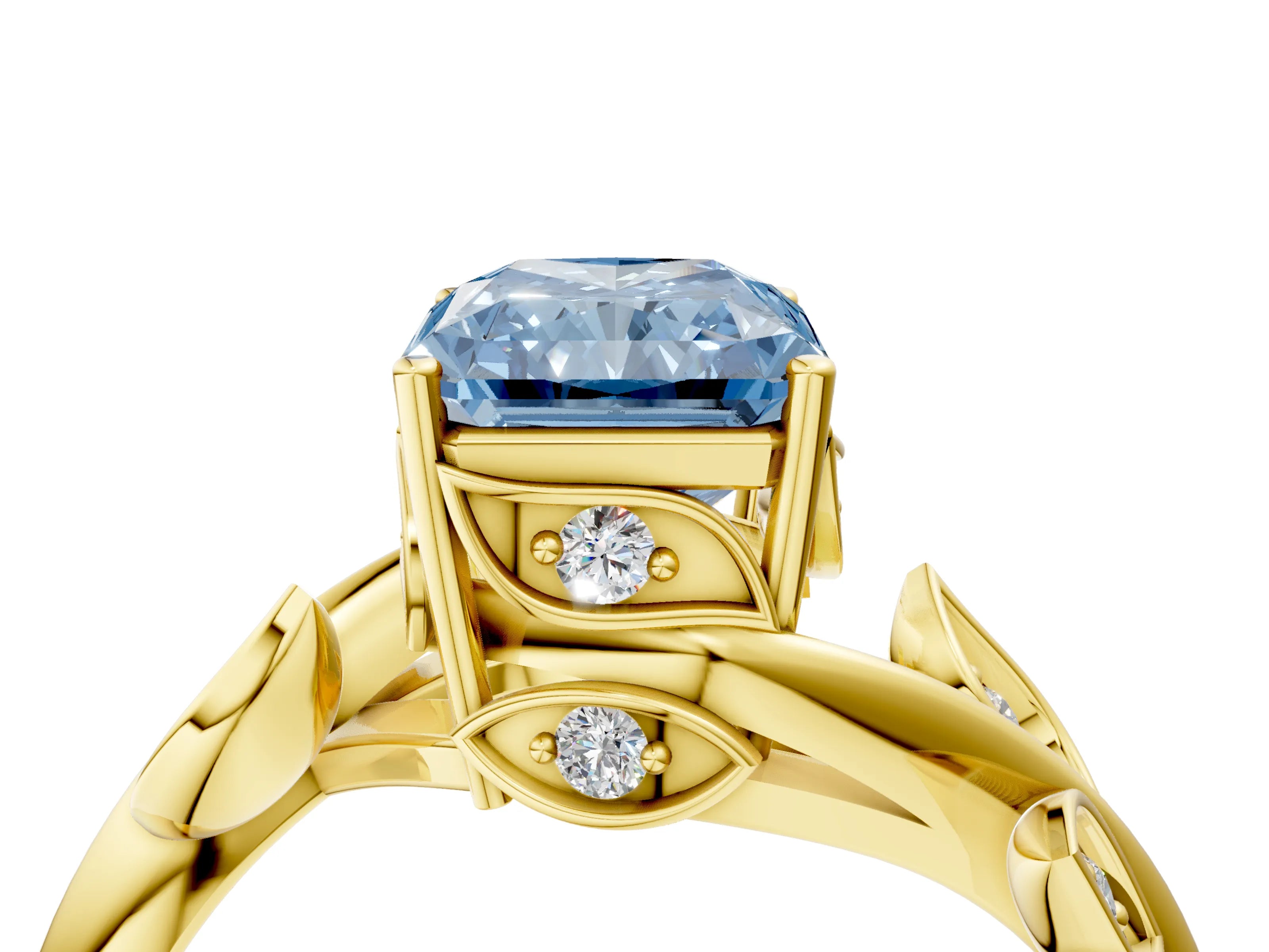 Yellow gold Fancy Blue Radiant Cut Solitaire Twist Engagement Ring with Leaf Accents and Prong Setting_4