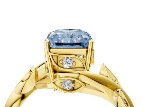 Yellow gold Fancy Blue Radiant Cut Solitaire Twist Engagement Ring with Leaf Accents and Prong Setting_4