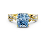 Yellow gold Fancy Blue Radiant Cut Solitaire Twist Pave Diamond Engagement Ring with Prong Setting