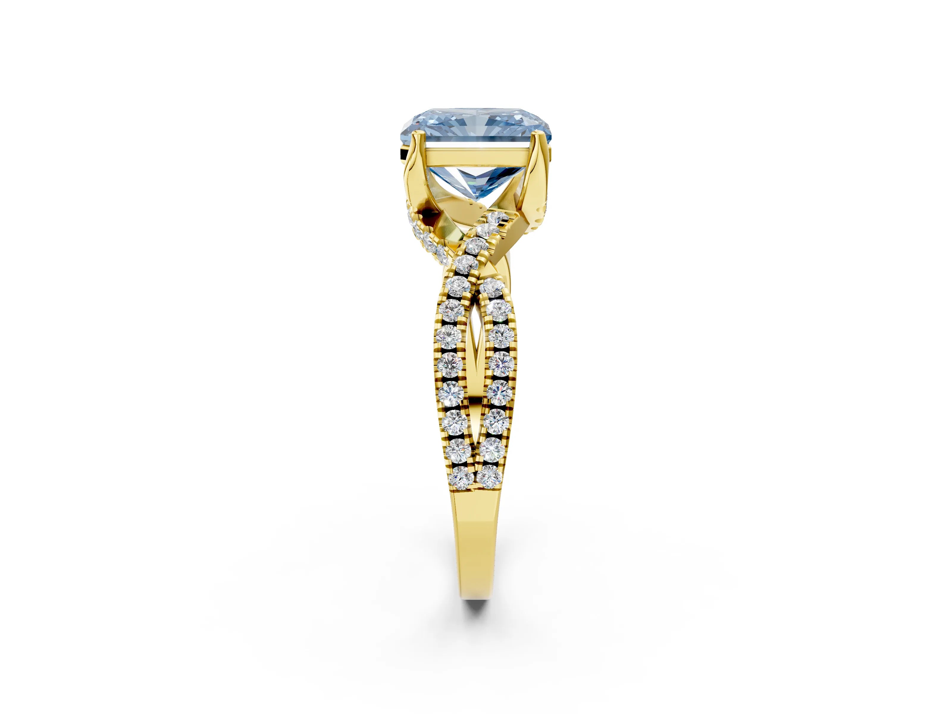 Yellow gold Fancy Blue Radiant Cut Solitaire Twist Pave Diamond Engagement Ring with Prong Setting_2