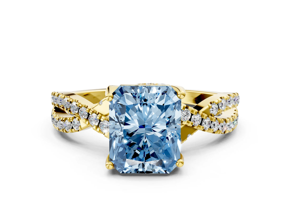 Yellow gold Fancy Blue Radiant Cut Solitaire Twist Pave Diamond Engagement Ring with Prong Setting_24