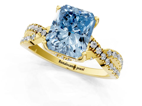 Yellow gold Fancy Blue Radiant Cut Solitaire Twist Pave Diamond Engagement Ring with Prong Setting_25