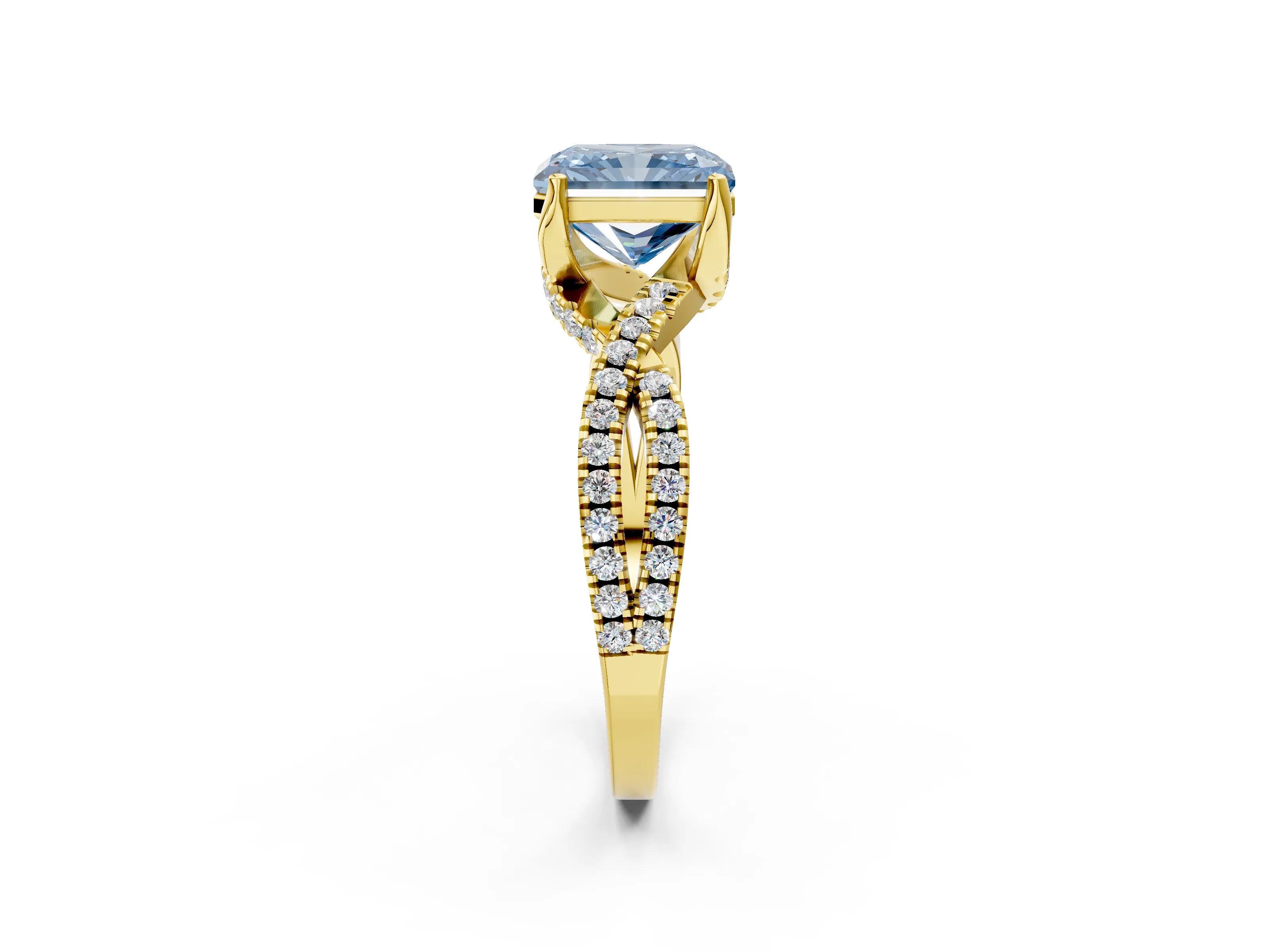 Yellow gold Fancy Blue Radiant Cut Solitaire Twist Pave Diamond Engagement Ring with Prong Setting_26
