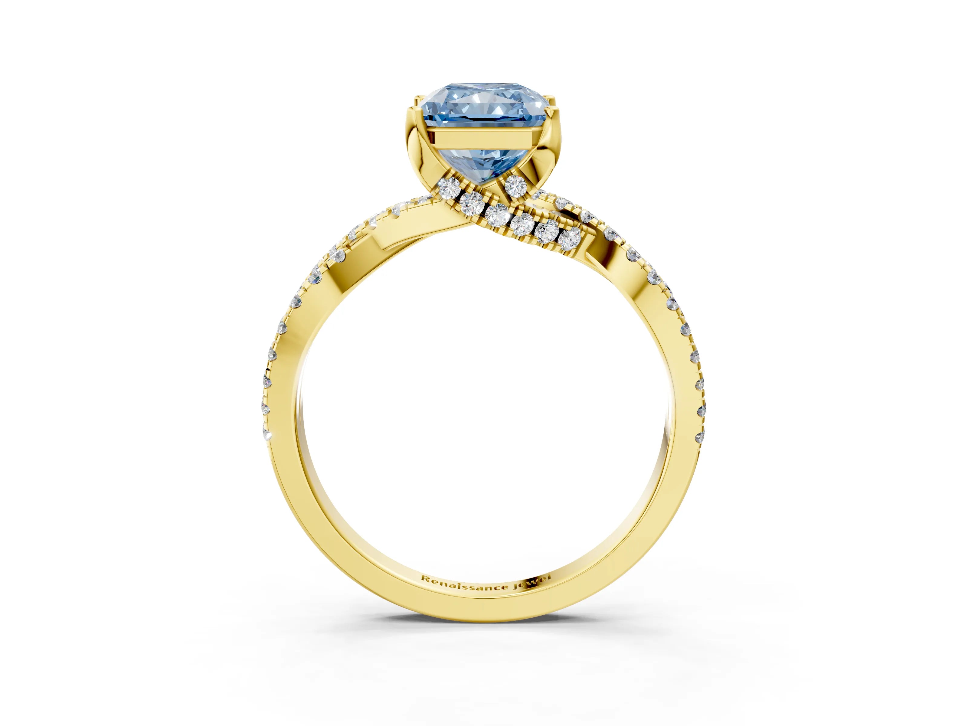 Yellow gold Fancy Blue Radiant Cut Solitaire Twist Pave Diamond Engagement Ring with Prong Setting_3