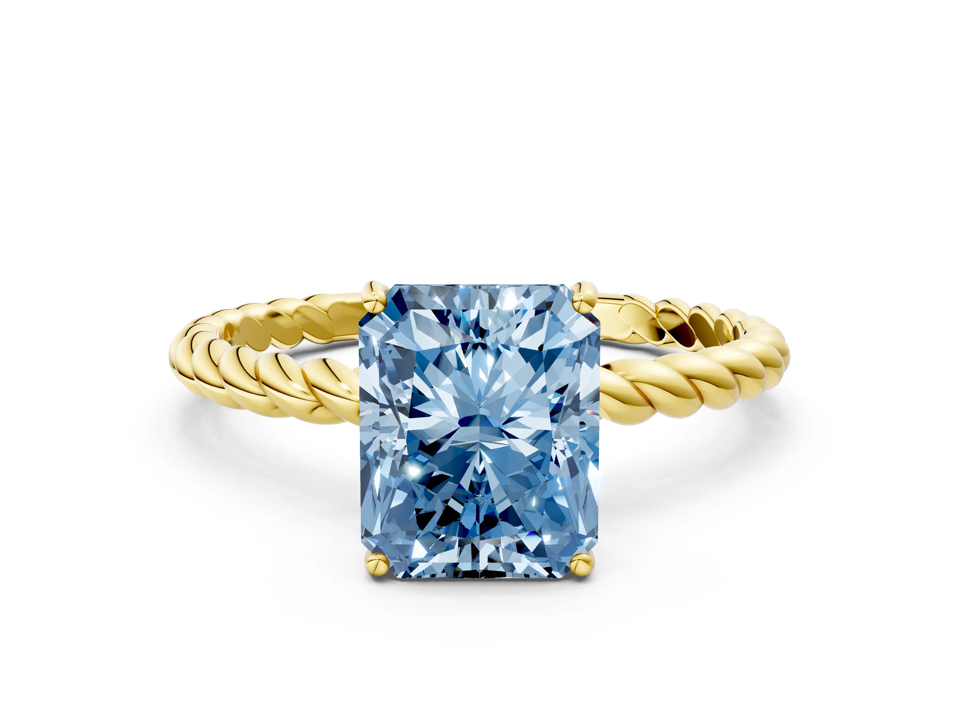 Yellow gold Fancy Blue Radiant Cut Solitaire Twisted Band 4-Prong Ring
