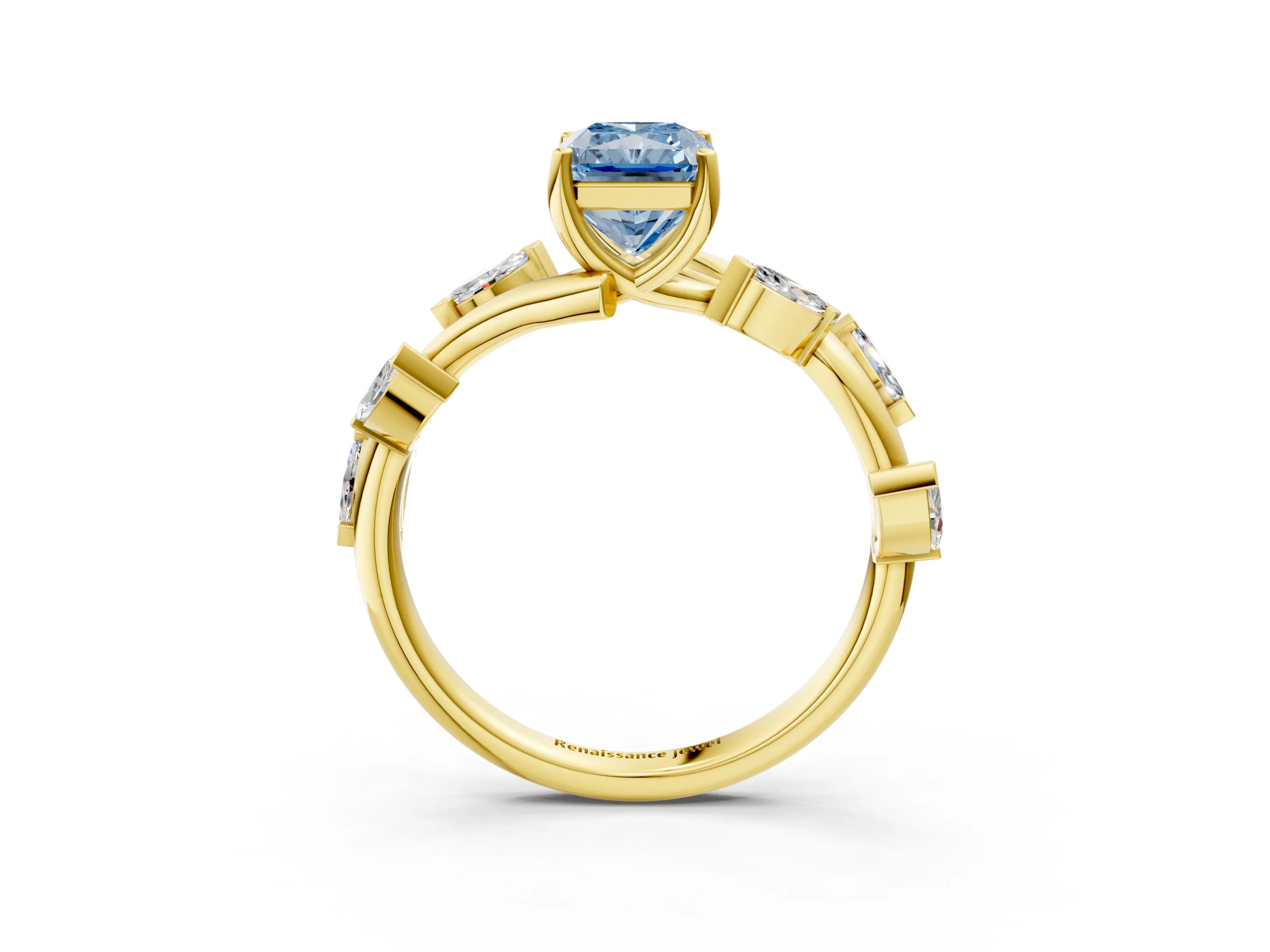 Yellow gold Fancy Blue Radiant Cut Solitaire Twisted Band Marquise Accent Prong Setting Ring_3