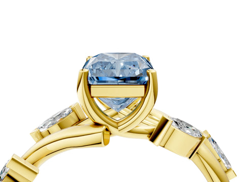 Yellow gold Fancy Blue Radiant Cut Solitaire Twisted Band Marquise Accent Prong Setting Ring_4