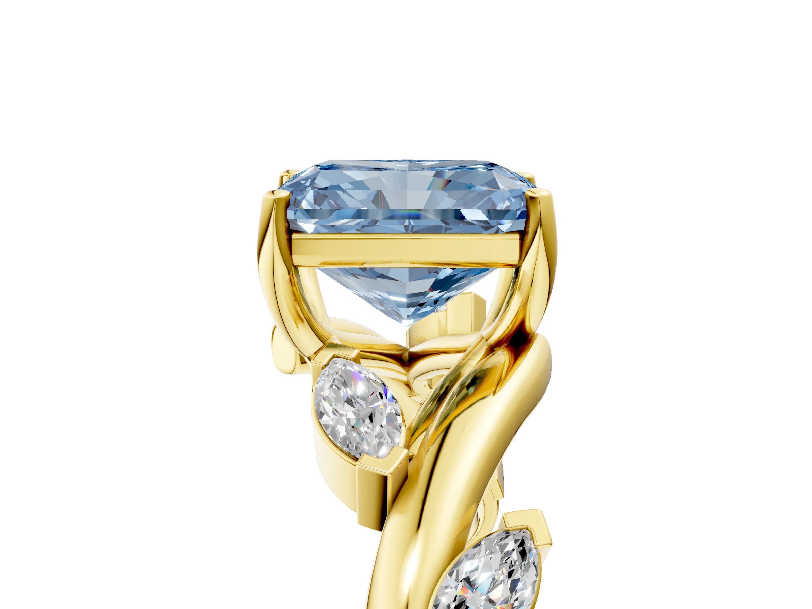 Yellow gold Fancy Blue Radiant Cut Solitaire Twisted Band Marquise Accent Prong Setting Ring_5