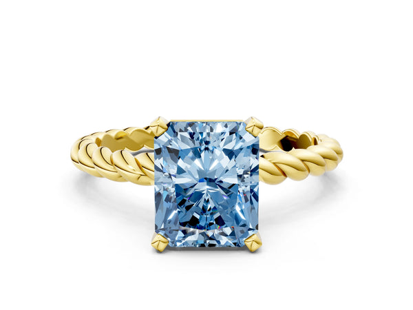 Yellow gold Fancy Blue Radiant  Cut Solitaire Twisted Band with Four-Prong Setting