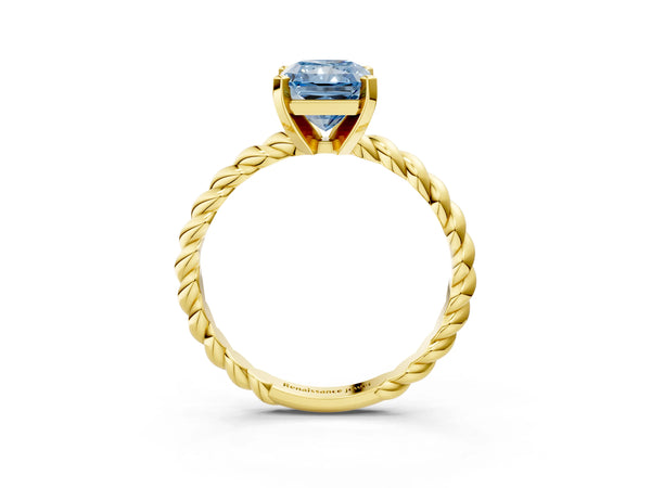 Yellow gold Fancy Blue Radiant  Cut Solitaire Twisted Band with Four-Prong Setting